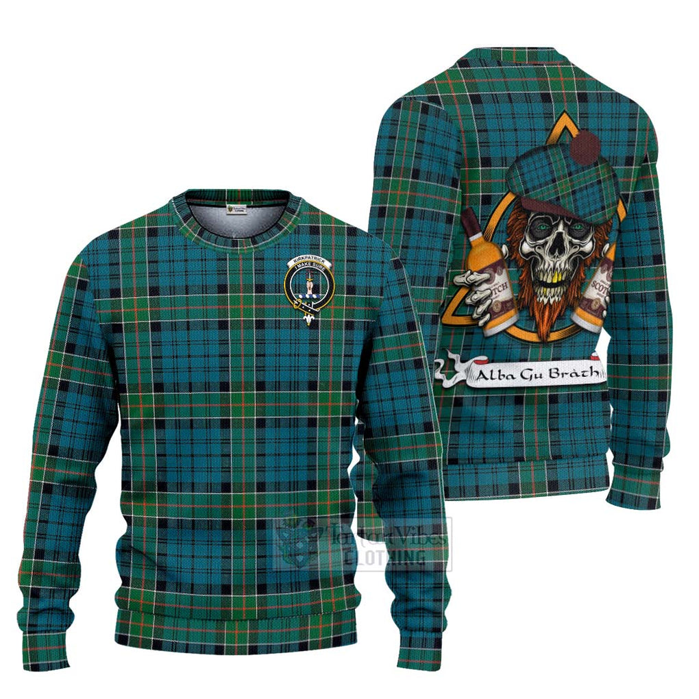 Tartan Vibes Clothing Kirkpatrick Tartan Knitted Sweater with Family Crest and Bearded Skull Holding Bottles of Whiskey