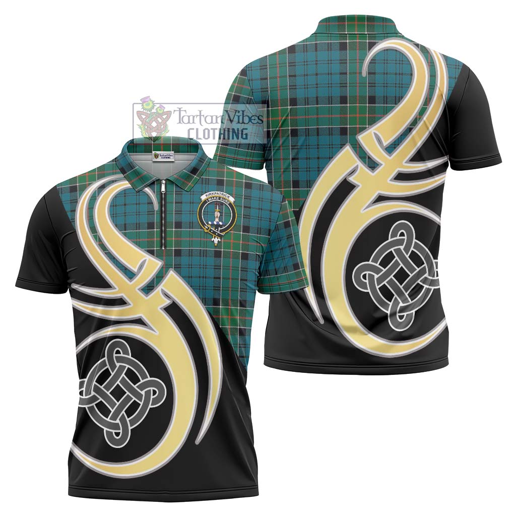 Tartan Vibes Clothing Kirkpatrick Tartan Zipper Polo Shirt with Family Crest and Celtic Symbol Style