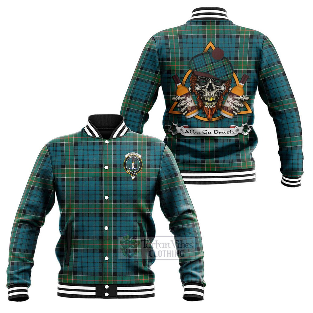 Tartan Vibes Clothing Kirkpatrick Tartan Baseball Jacket with Family Crest and Bearded Skull Holding Bottles of Whiskey