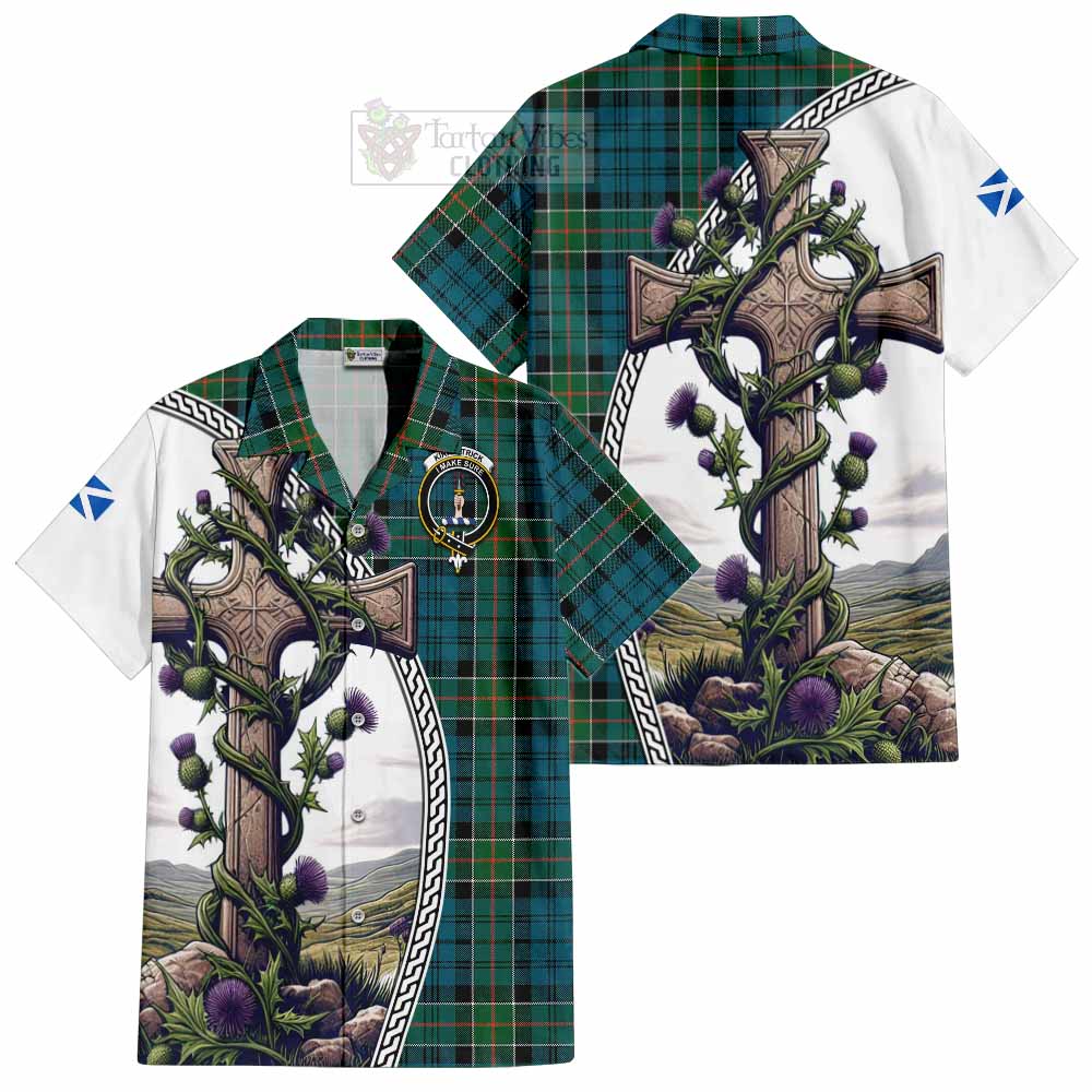 Tartan Vibes Clothing Kirkpatrick Tartan Short Sleeve Button Shirt with Family Crest and St. Andrew's Cross Accented by Thistle Vines