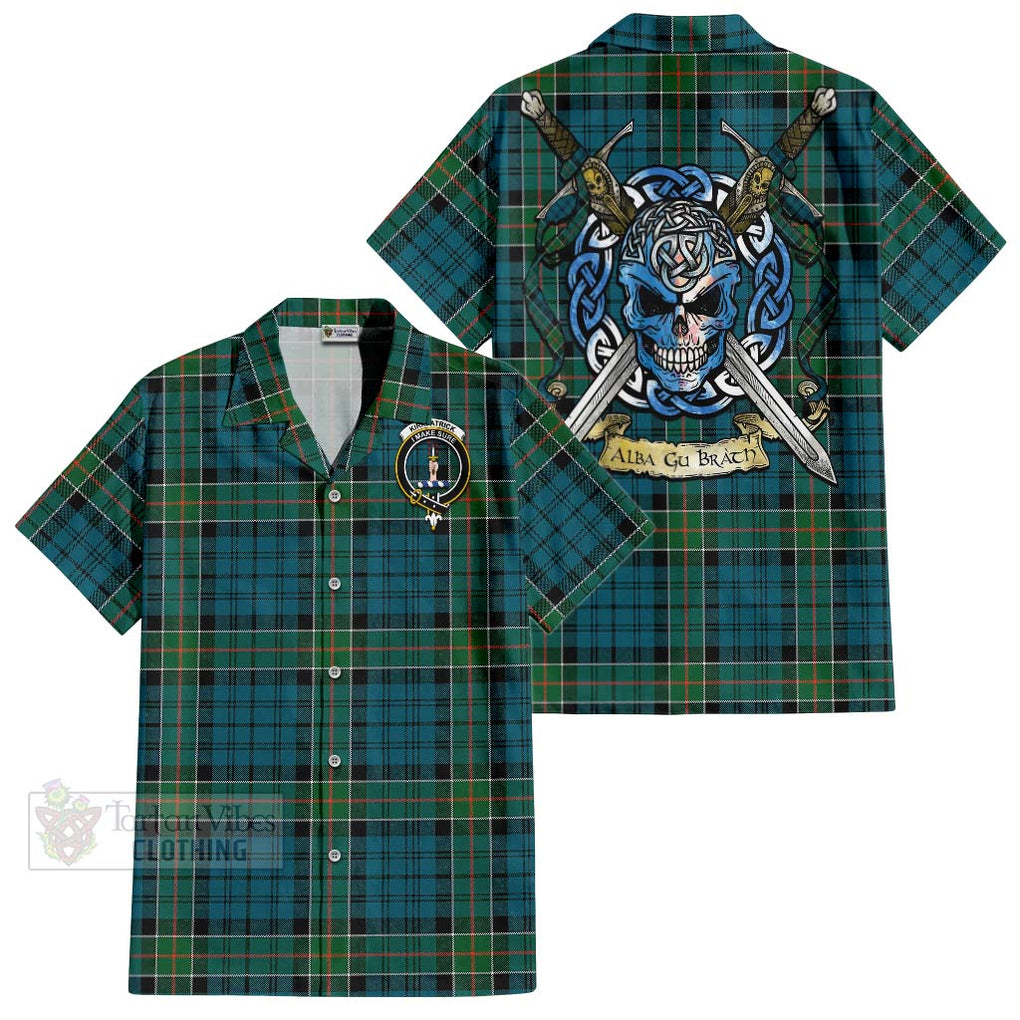 Tartan Vibes Clothing Kirkpatrick Tartan Short Sleeve Button Shirt with Family Crest Celtic Skull Style