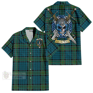 Kirkpatrick Tartan Short Sleeve Button Shirt with Family Crest Celtic Skull Style