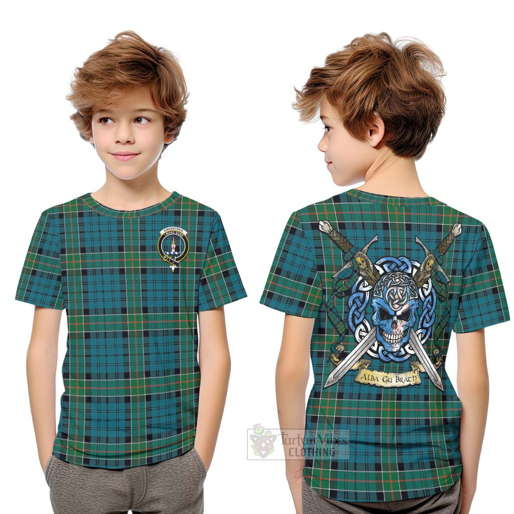 Tartan Vibes Clothing Kirkpatrick Tartan Kid T-Shirt with Family Crest Celtic Skull Style