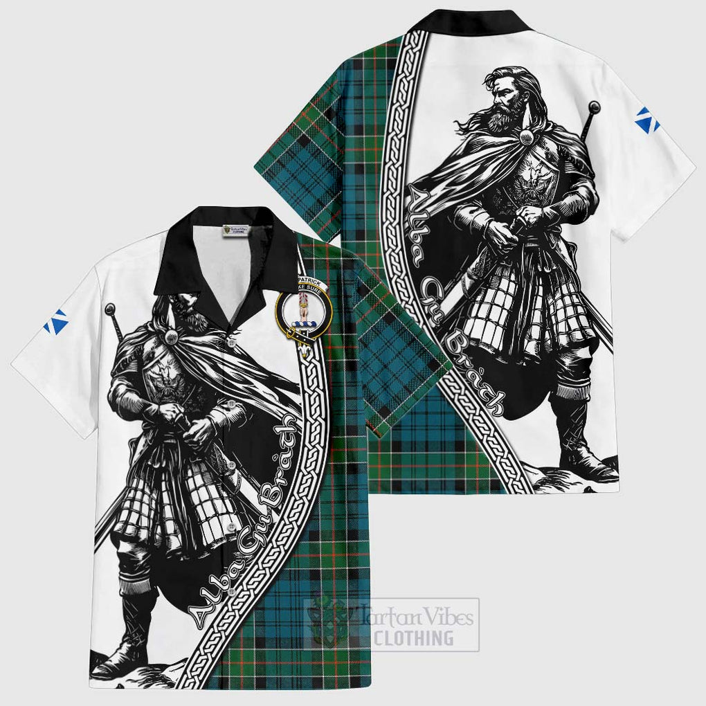 Tartan Vibes Clothing Kirkpatrick Tartan Clan Crest Short Sleeve Button Shirt with Highlander Warrior Celtic Style