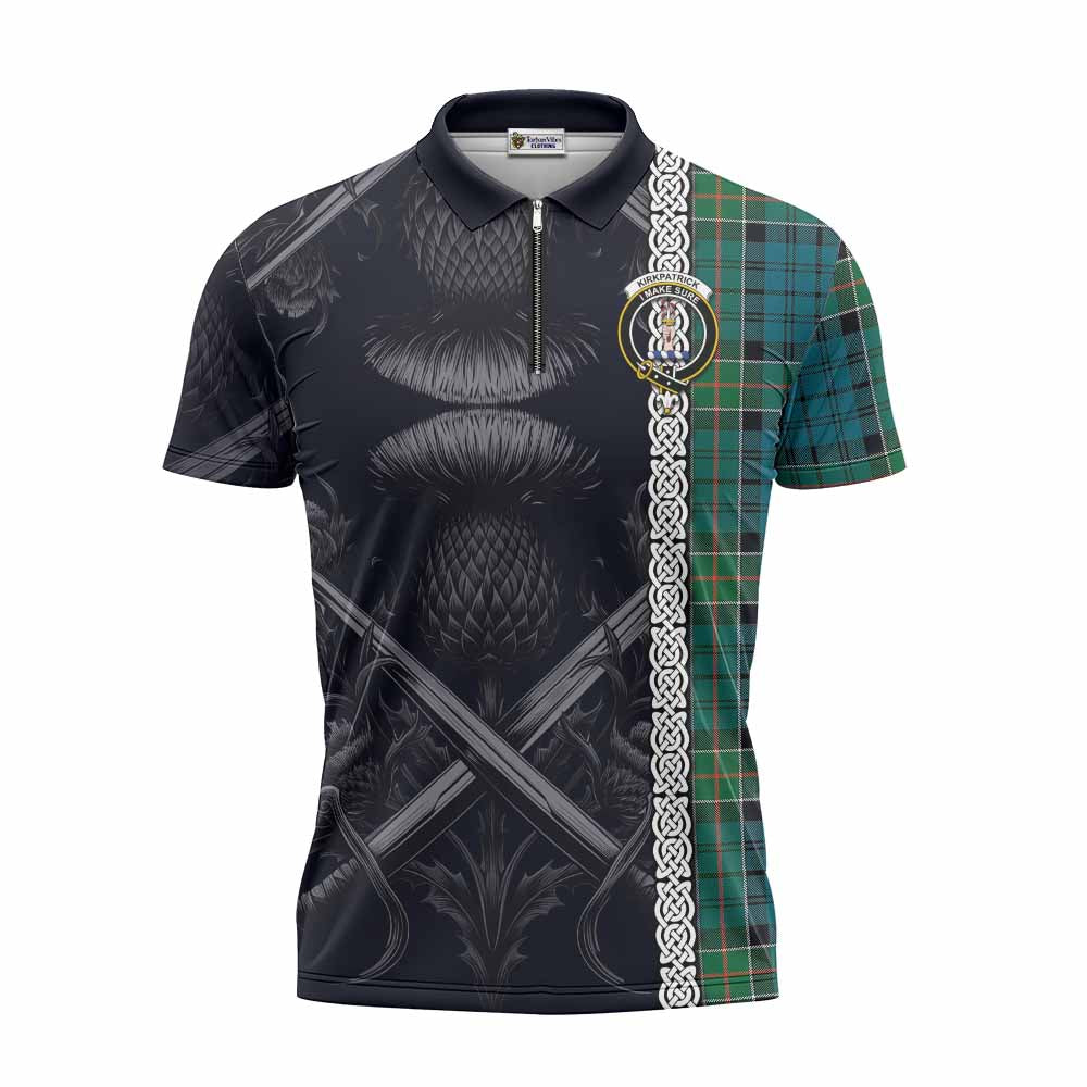 Tartan Vibes Clothing Kirkpatrick Tartan Zipper Polo Shirt with Family Crest Cross Sword Thistle Celtic Vibes