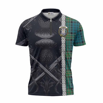 Kirkpatrick Tartan Zipper Polo Shirt with Family Crest Cross Sword Thistle Celtic Vibes