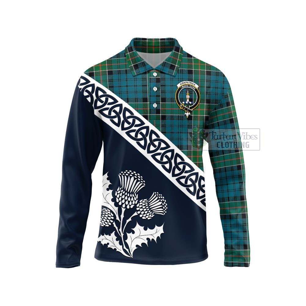 Tartan Vibes Clothing Kirkpatrick Tartan Long Sleeve Polo Shirt Featuring Thistle and Scotland Map