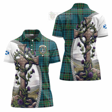 Kirkpatrick Tartan Women's Polo Shirt with Family Crest and St. Andrew's Cross Accented by Thistle Vines