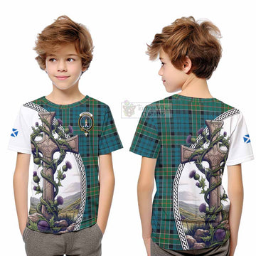 Kirkpatrick Tartan Kid T-Shirt with Family Crest and St. Andrew's Cross Accented by Thistle Vines