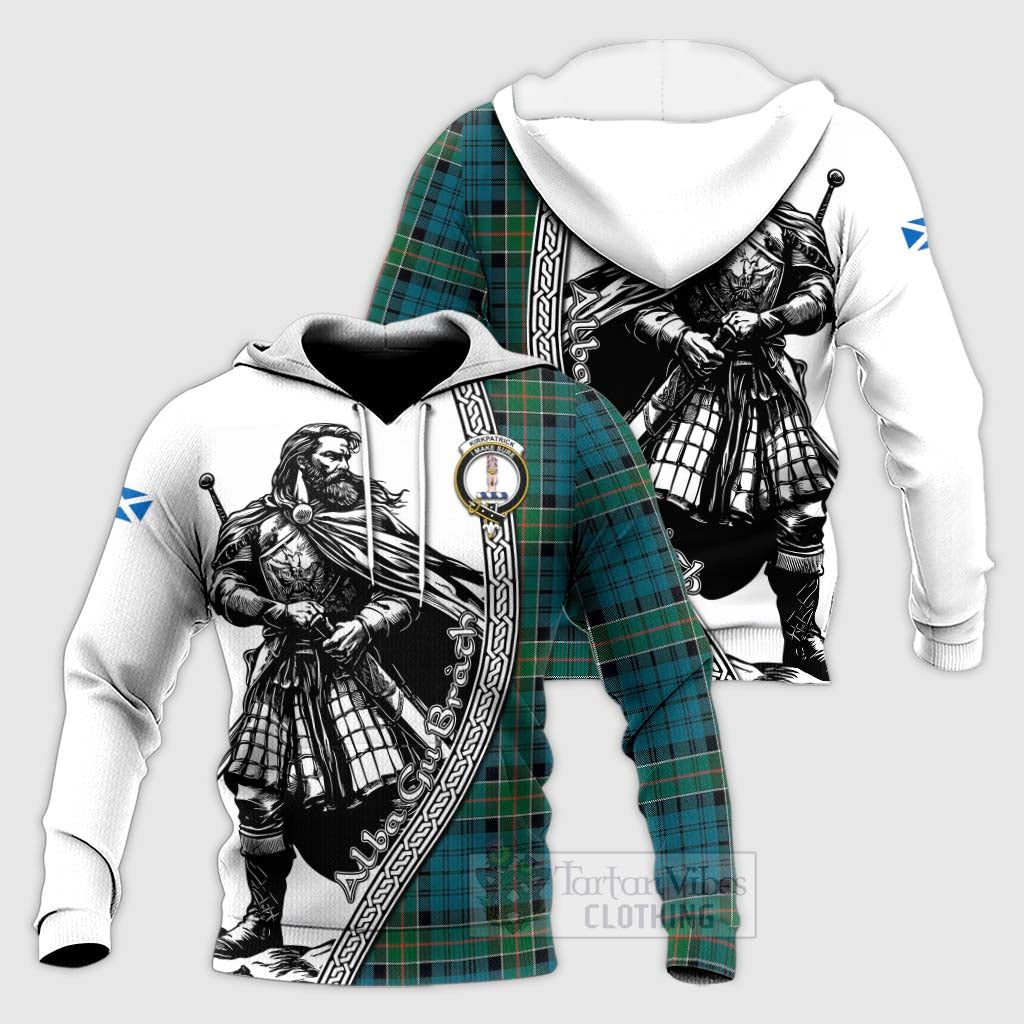 Tartan Vibes Clothing Kirkpatrick Tartan Clan Crest Knitted Hoodie with Highlander Warrior Celtic Style