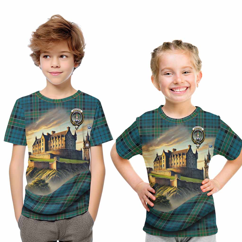 Kirkpatrick Tartan Family Crest Kid T-Shirt with Scottish Ancient Castle Style Youth XL Size14 - Tartan Vibes Clothing