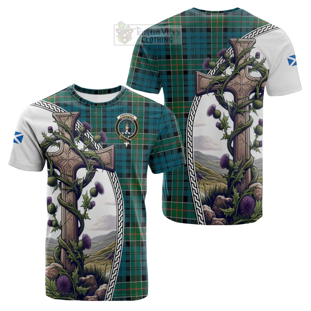 Tartan Vibes Clothing Kirkpatrick Tartan Cotton T-shirt with Family Crest and St. Andrew's Cross Accented by Thistle Vines