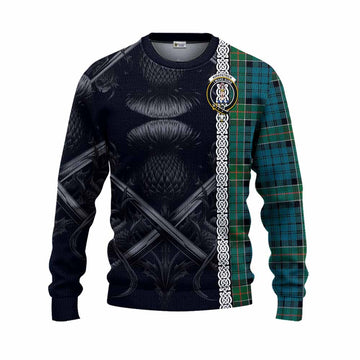 Kirkpatrick Tartan Knitted Sweater with Family Crest Cross Sword Thistle Celtic Vibes