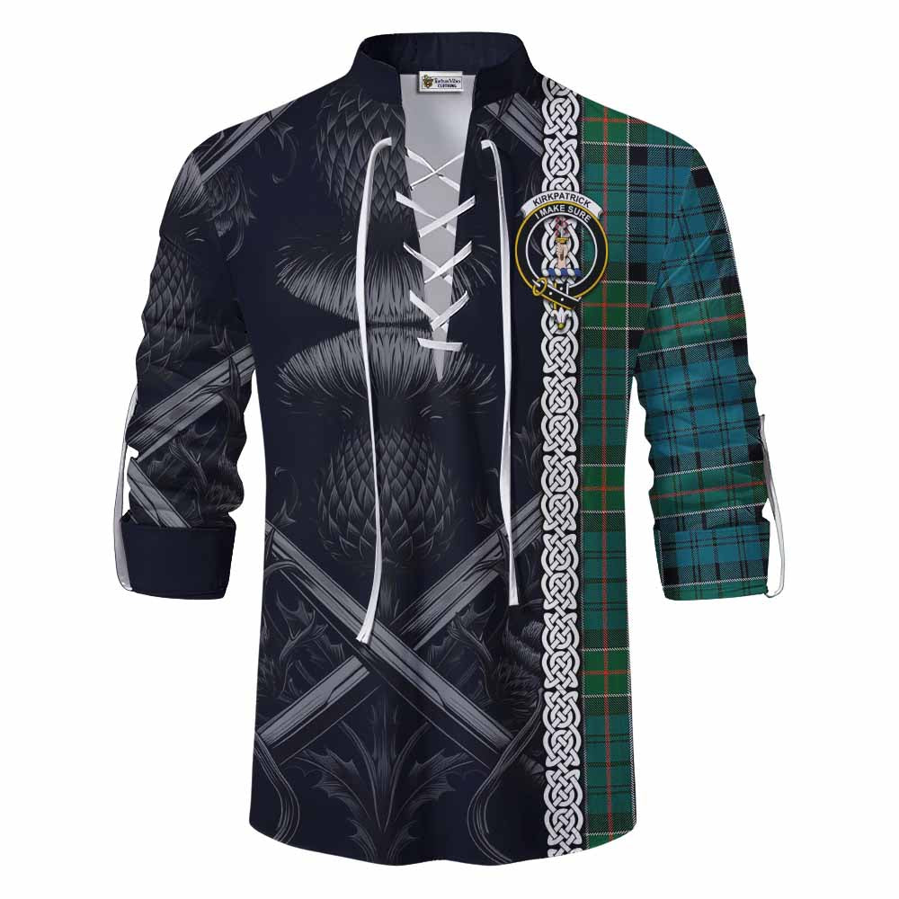 Tartan Vibes Clothing Kirkpatrick Tartan Ghillie Kilt Shirt with Family Crest Cross Sword Thistle Celtic Vibes