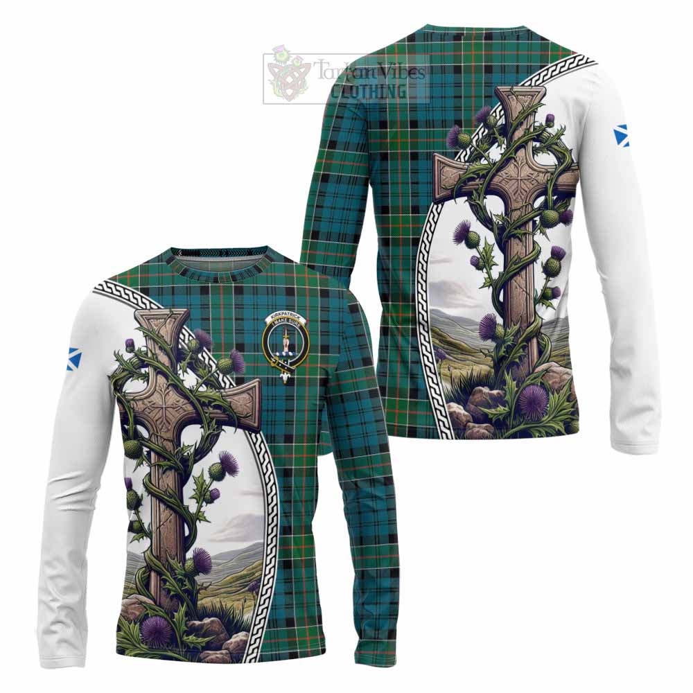 Tartan Vibes Clothing Kirkpatrick Tartan Long Sleeve T-Shirt with Family Crest and St. Andrew's Cross Accented by Thistle Vines