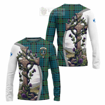 Kirkpatrick Tartan Long Sleeve T-Shirt with Family Crest and St. Andrew's Cross Accented by Thistle Vines