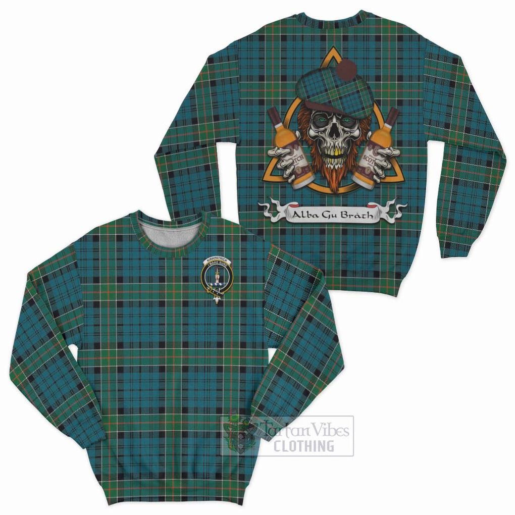 Tartan Vibes Clothing Kirkpatrick Tartan Sweatshirt with Family Crest and Bearded Skull Holding Bottles of Whiskey