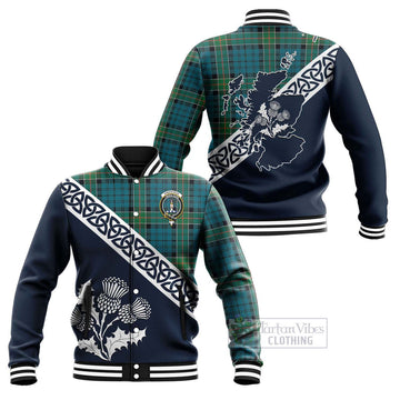 Kirkpatrick Tartan Baseball Jacket Featuring Thistle and Scotland Map