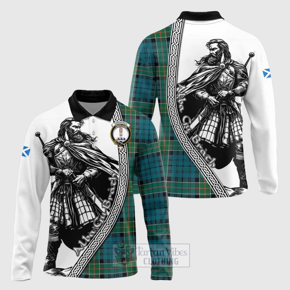 Tartan Vibes Clothing Kirkpatrick Tartan Clan Crest Long Sleeve Polo Shirt with Highlander Warrior Celtic Style