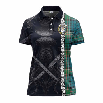 Kirkpatrick Tartan Women's Polo Shirt with Family Crest Cross Sword Thistle Celtic Vibes