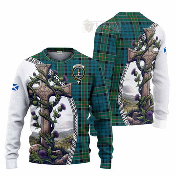 Kirkpatrick Tartan Knitted Sweater with Family Crest and St. Andrew's Cross Accented by Thistle Vines