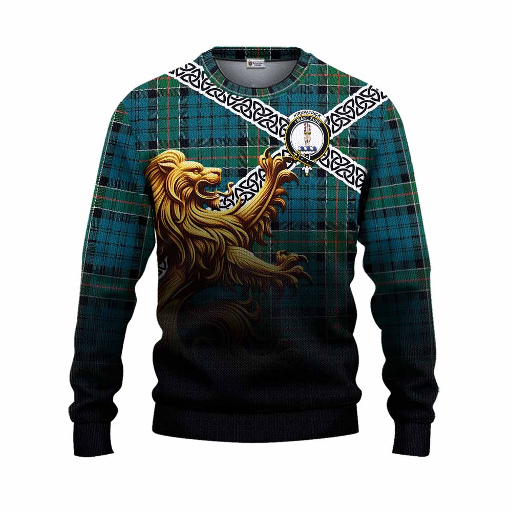 Kirkpatrick Crest Tartan Knitted Sweater with Golden Lion Emblem Celtic Style Unisex - Tartan Vibes Clothing