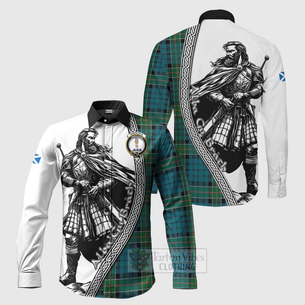 Tartan Vibes Clothing Kirkpatrick Tartan Clan Crest Long Sleeve Button Shirt with Highlander Warrior Celtic Style