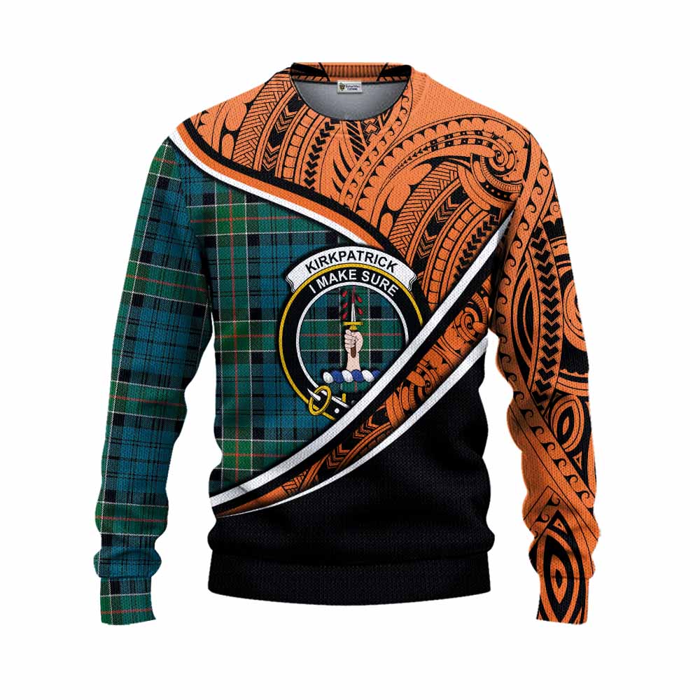 Tartan Vibes Clothing Kirkpatrick Crest Tartan Knitted Sweater with Maori Tattoo Style - Orange Version