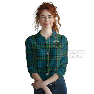 Kirkpatrick Tartan Women's Casual Shirt with Family Crest and Bearded Skull Holding Bottles of Whiskey