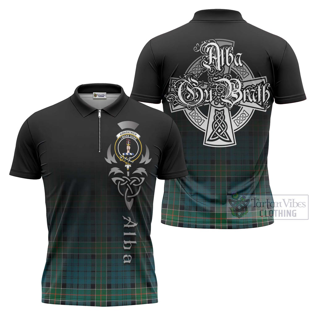 Tartan Vibes Clothing Kirkpatrick Tartan Zipper Polo Shirt Featuring Alba Gu Brath Family Crest Celtic Inspired