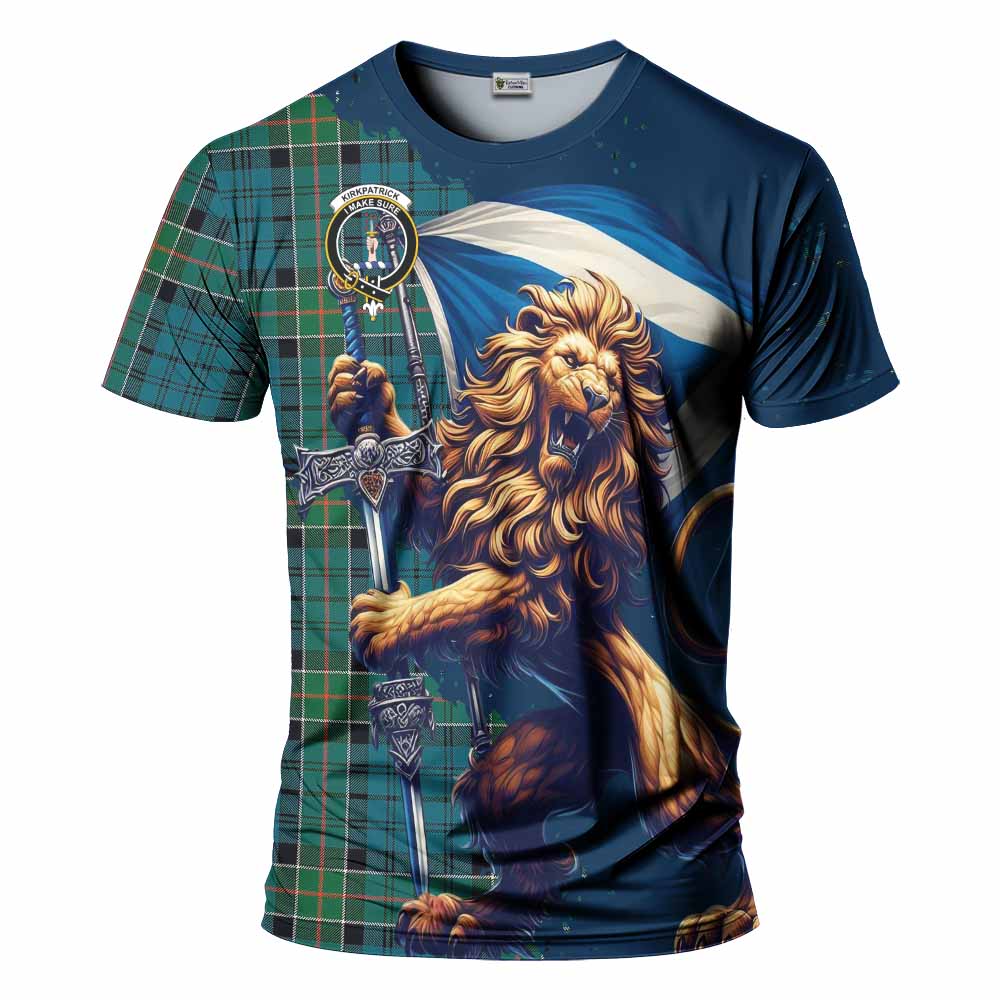 Tartan Vibes Clothing Kirkpatrick Tartan Family Crest T-Shirt with Scottish Majestic Lion