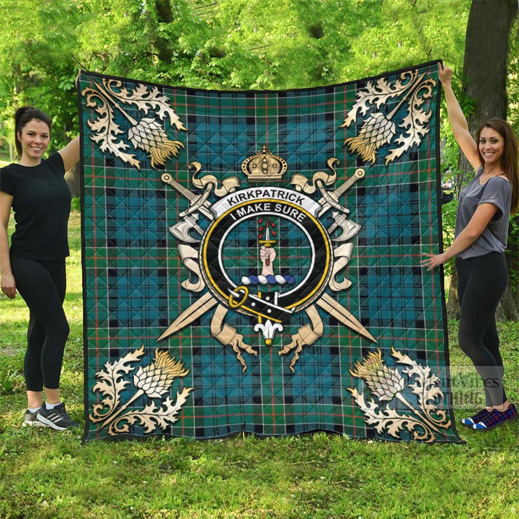 Tartan Vibes Clothing Kirkpatrick Tartan Quilt with Family Crest and Scottish Golden Courage Shield