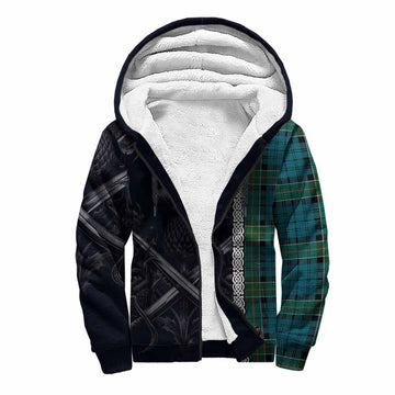 Kirkpatrick Tartan Sherpa Hoodie with Family Crest Cross Sword Thistle Celtic Vibes