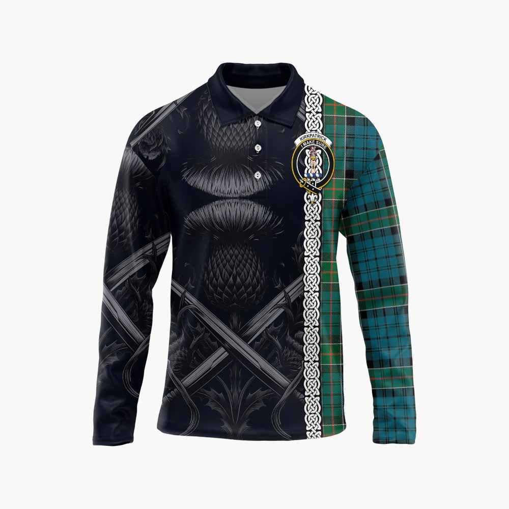 Kirkpatrick Tartan Long Sleeve Polo Shirt with Family Crest Cross Sword Thistle Celtic Vibes Unisex - Tartan Vibes Clothing