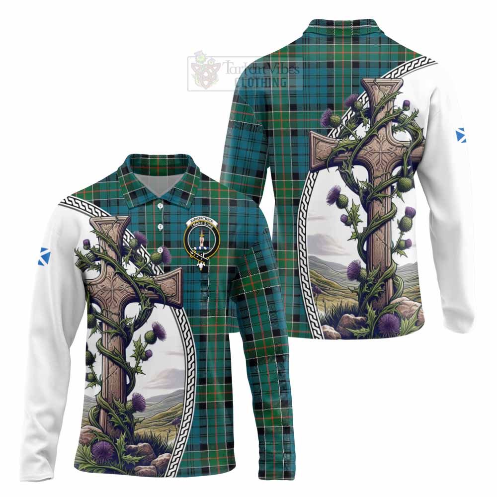 Tartan Vibes Clothing Kirkpatrick Tartan Long Sleeve Polo Shirt with Family Crest and St. Andrew's Cross Accented by Thistle Vines