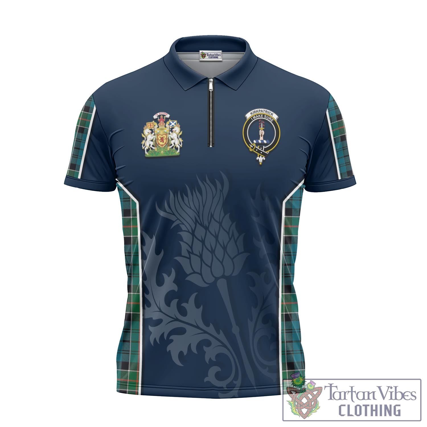 Tartan Vibes Clothing Kirkpatrick Tartan Zipper Polo Shirt with Family Crest and Scottish Thistle Vibes Sport Style