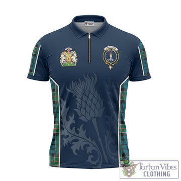 Kirkpatrick Tartan Zipper Polo Shirt with Family Crest and Scottish Thistle Vibes Sport Style