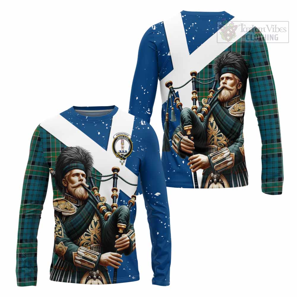 Tartan Vibes Clothing Kirkpatrick Tartan Long Sleeve T-Shirt with Family Crest Scottish Bagpiper Vibes