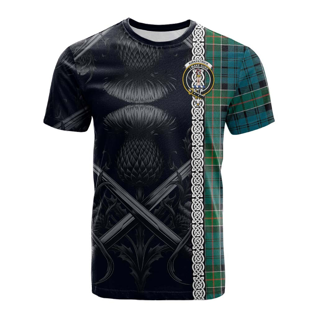 Tartan Vibes Clothing Kirkpatrick Tartan Cotton T-shirt with Family Crest Cross Sword Thistle Celtic Vibes