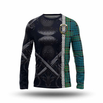 Kirkpatrick Tartan Long Sleeve T-Shirt with Family Crest Cross Sword Thistle Celtic Vibes