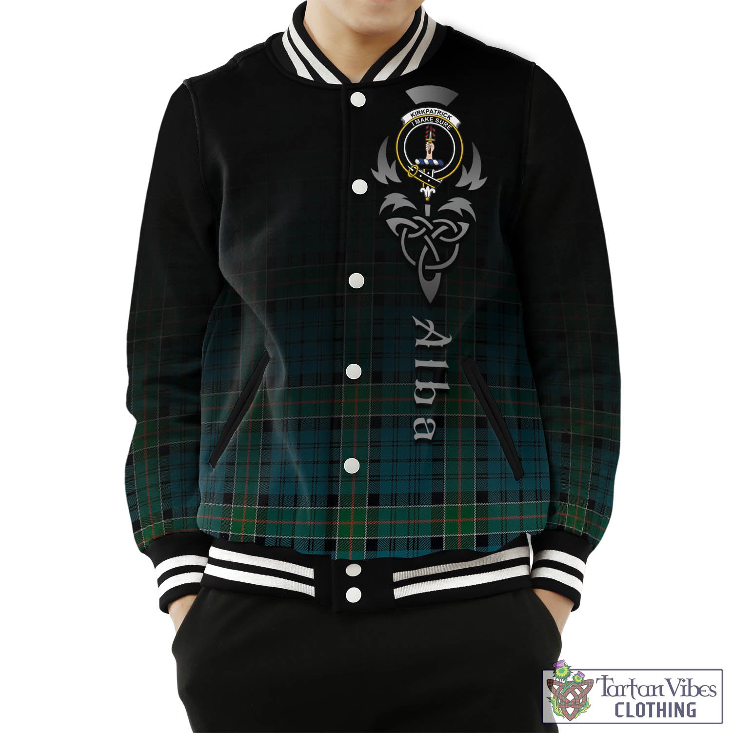 Tartan Vibes Clothing Kirkpatrick Tartan Baseball Jacket Featuring Alba Gu Brath Family Crest Celtic Inspired