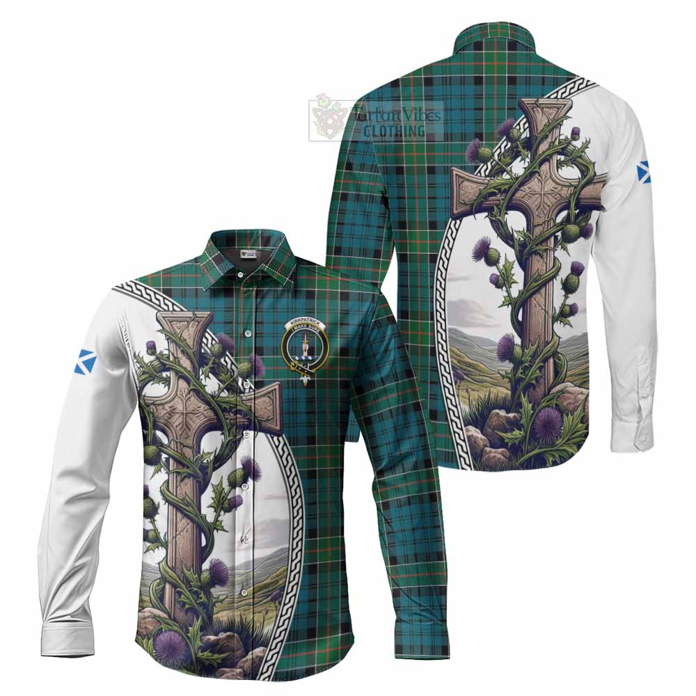 Tartan Vibes Clothing Kirkpatrick Tartan Long Sleeve Button Shirt with Family Crest and St. Andrew's Cross Accented by Thistle Vines