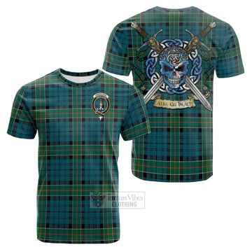 Kirkpatrick Tartan Cotton T-shirt with Family Crest Celtic Skull Style