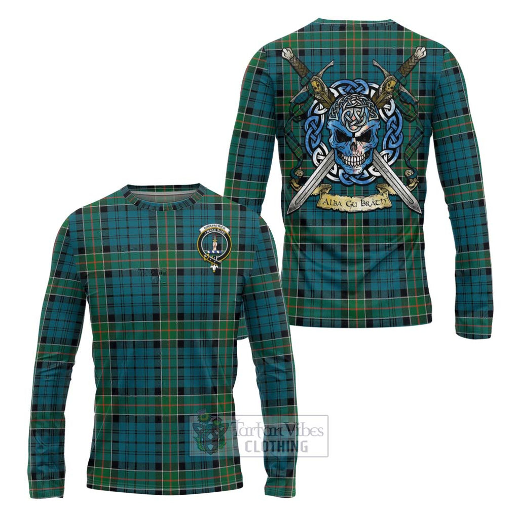 Tartan Vibes Clothing Kirkpatrick Tartan Long Sleeve T-Shirt with Family Crest Celtic Skull Style