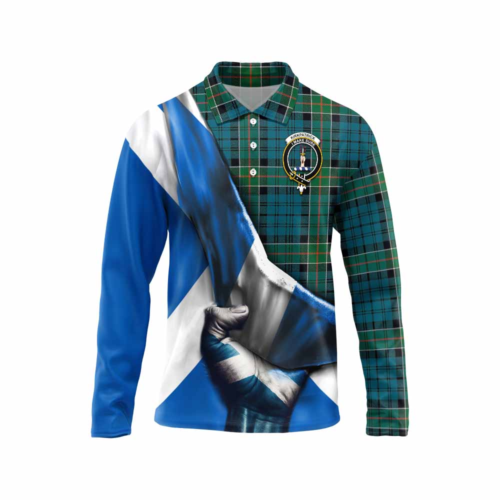 Tartan Vibes Clothing Kirkpatrick Tartan Long Sleeve Polo Shirt with Family Crest Scotland Patriotic Style