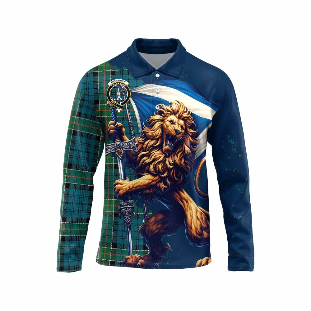 Tartan Vibes Clothing Kirkpatrick Tartan Family Crest Long Sleeve Polo Shirt with Scottish Majestic Lion