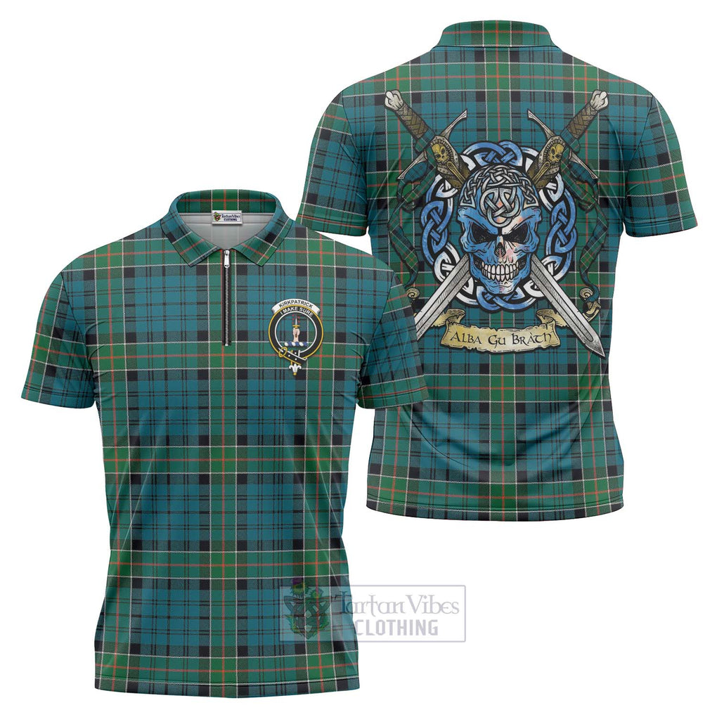 Tartan Vibes Clothing Kirkpatrick Tartan Zipper Polo Shirt with Family Crest Celtic Skull Style