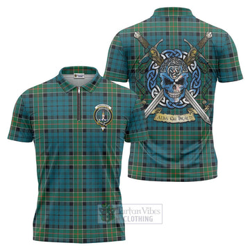 Kirkpatrick Tartan Zipper Polo Shirt with Family Crest Celtic Skull Style