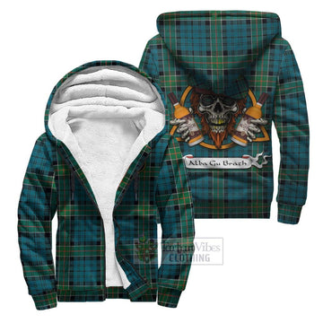 Kirkpatrick Tartan Sherpa Hoodie with Family Crest and Bearded Skull Holding Bottles of Whiskey