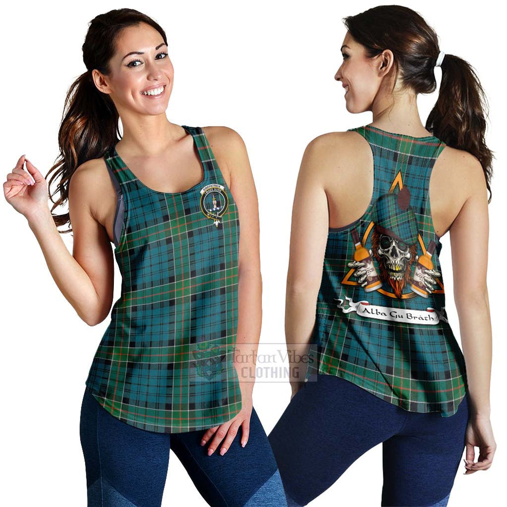 Tartan Vibes Clothing Kirkpatrick Tartan Women's Racerback Tanks with Family Crest and Bearded Skull Holding Bottles of Whiskey